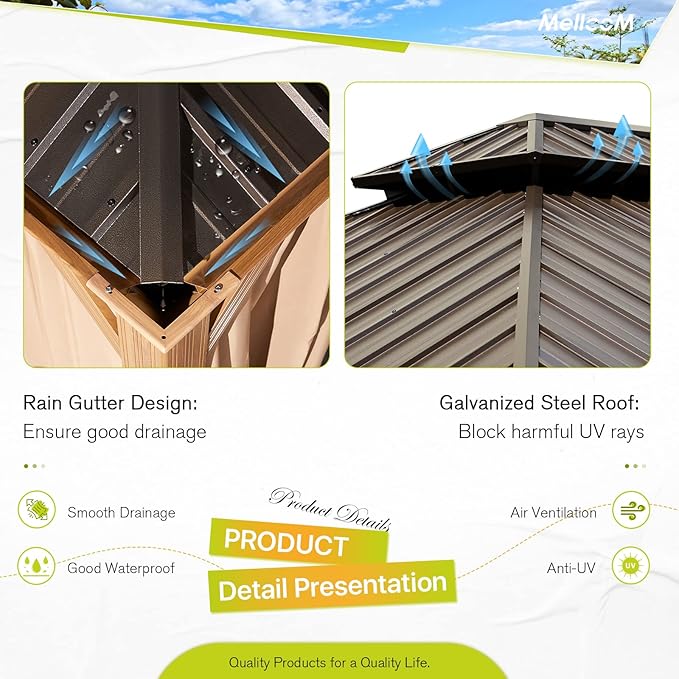 MELLCOM 14'x20' Gazebo, Galvanized Steel Double Roof with Wood Grain Aluminum Frame, Outdoor Permanent Metal Pavilion with Curtains and Nettings for Patio, Backyard and Deck