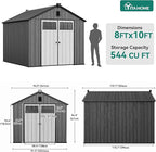 YITAHOME 8x10 FT Outdoor Storage Shed with Floor, Plastic Garden Shed for Bikes, Tools, and Pool Supplies, Outdoor Resin Shed with Lockable Doors, Windows, and Vents for Patio, Lawn, Backyard, Black