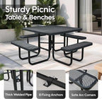 8-Person Outdoor Picnic Tables,46" Heavy-Duty Metal Square Picnic Table,Expanded Metal Commercial-Grade Table with 4 Benches & Umbrella Hole,Waterproof Coating Beach Table for Patio,Garden, Backyard