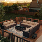 Outdoor Patio Furniture Set, 12 Pieces Outdoor Furniture All Weather Patio Sectional Sofa PE Wicker Modular Conversation Sets with Coffee Table,10 Chairs & Seat ClipsBrown.