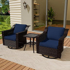 Vista Vibe 3 Pieces Outdoor Patio Conversation Furniture Set - 360 Degree Swivel Glider Rocker Chairs | Wicker End Table, Washable Cushions, Hand-Woven PE Rattan, Lawn, Sunroom (Brown/Navy)