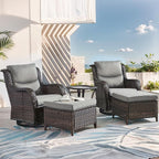 Patio Conversation Set with Smile-Shaped Cushions, Luxury Outdoor Swivel Chairs with Side Table and Ottomans, 5PCS PE Rattan Swivel Glider Chairs Set, Brown Wicker|Grey Cushions