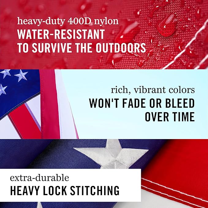 American Flag 3x5 Made in USA | Heavy Duty 400D Oxford Nylon for High Winds | Quadruple Stitched Fly End | Embroidered Stars & Sewn Stripes | Brass Grommets | U.S. Flag
