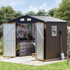 6x8FT Outdoor Metal Storage Shed, Double Door, 1 Clear Window, Tool Shed for Garden, Patio, Backyard Brown
