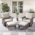 Outdoor Swivel Glider Chairs - 4 Pieces Hollow Widen Armrests Wicker Patio Furniture Set with Ottomans, High Back Outside Swivel Rocker for Balcony Porch Deck and Yard - Brown/Beige