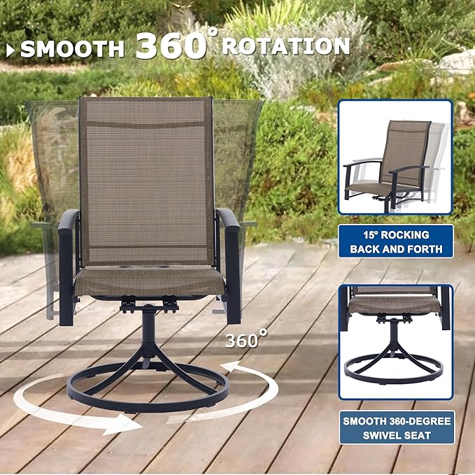 Patio Swivel Chairs Set of 6, Outdoor Swivel Chairs with Armrest, High Back Patio Chair with Metal Frame, All-Weather Outdoor Dining Chair for Deck, Porch and Lawn, Mocha