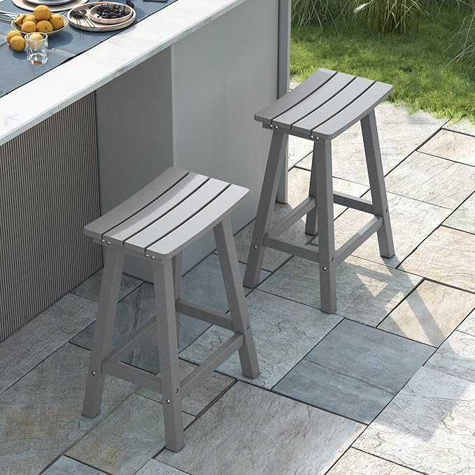 nalone 24 Inch Outdoor Bar Stool, HDPE Bar Chairs with Footrest, Weather Resistant Waterproof Bar Stools Outside Bar Height Stools for Bar, Kitchen Counter, Yard, Balcony (Grey, 24'' Barstools)