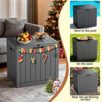 30-Gallon Outdoor Deck Box with Wood-Grain Finish, UV Resistant Waterproof Storage Container with Lock, Storage Box for Camping, Garden & Backyard, Multi-Functional Seat and Table, Black