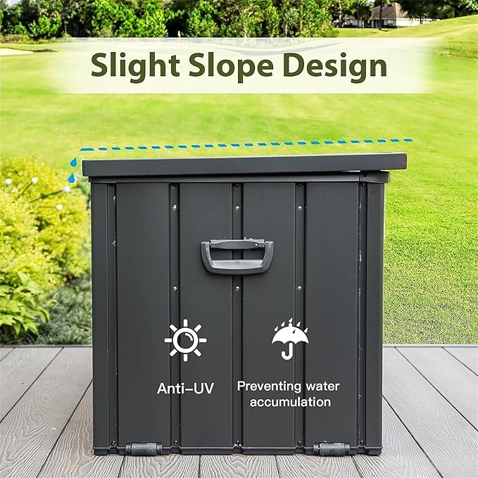 LANTRO JS 160 Gallon Metal Deck Box, Outdoor Storage Box Waterproof with Wheels, Lockable Storage Container for Patio Furniture Cushions Garden Tools, Dark Gray