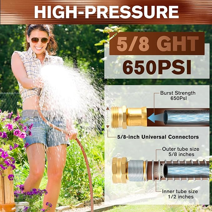 Short Leader Garden Hose 5/8" x 15ft, No Kink Lightweight Water Hose, Hybrid Rubber, Heavy Duty, 650 Burst PSI, Male to Female Fittings