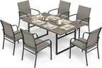 7 Piece Patio Dining Set for 6, 64” Rectangular Wood-Like Metal Table with Umbrella Hole and 6 Chairs, Outdoor Table and Chairs Set for Lawn Backyard and Deck, Brown