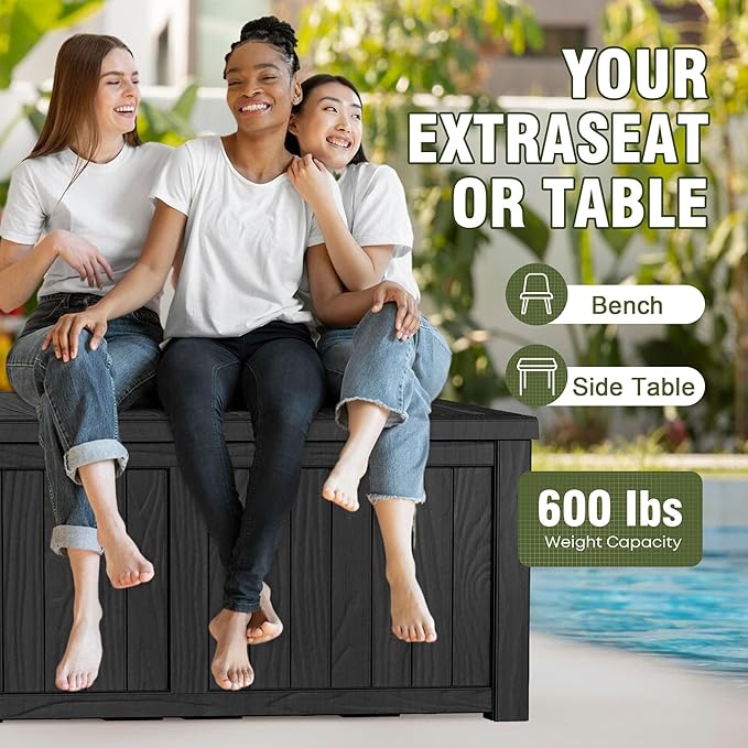 Extra-Large 150 Gallon Outdoor Chest Storage Waterproof - Outside Storage Box & Bench, Resin Deck Chest for Patio/Pool, Lockable UV-Resistant, Onyx Black