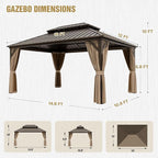 COOS BAY 12x16 Hardtop Gazebo with Aluminum Frame, Galvanized Steel Double Roof Outdoor Pavilion with Netting and Curtains, Dark Brown/Tan