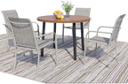 5 Pieces Round Dining Table Set for 4, Patio Dining Set Includes 4 Grey Stackable Patio Chairs and 1 Walnut Round Table, Patio Furniture Sets with Sling Support for Outside, Garden