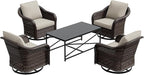 5 Pieces Outdoor Patio Conversation Furniture Set, 4 Pieces Rattan Glider 360 Degree Swivel Rocker Chairs with Removable Cushions, Coffee Table for Porch, Poolside (Beige)
