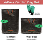 Excello 4-Pack 72 and 63 Gallon Reusable Heavy Duty Gardening Waste Bag Set with Gloves (Black)