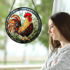 Stained Glass Window Hanging - Rooster Suncatcher for Doors Garden Patio Retro Colored Chicken Sun Catchers Decor Christmas Mother's Day Birthday Gifts for Women Men Mom Nana Friend 6.3 in