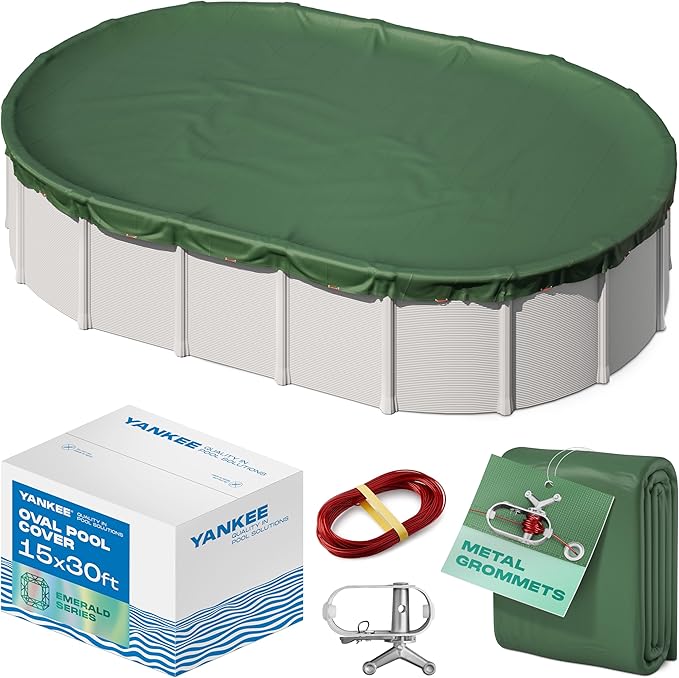 Yankee Emerald Series Pool Covers for Above Ground Pools | Oval 15x30 ft Swimming Pool Cover w/Steel-Core Cable, Winch for Winterization | 9 mil Medium-Thickness for Off-Season, On-Season Protection