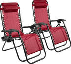 Elevon Zero Gravity Chair Set of 2 with Cup Holder & Removable Pillows, Adjustable Reclining Outdoor Patio Folding Chairs Portable Lounge Chair Furniture for Poolside, Lawn, Beach, Camping, Red