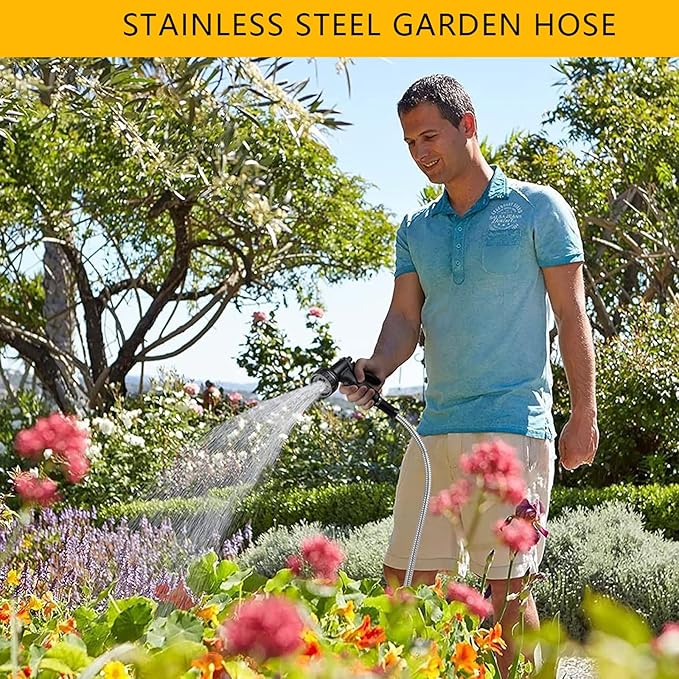 25ft Metal Garden Hose Stainless Steel Heavy Duty Water Hose With 2 Nozzles, No Tangle and Kink, Lightweight & Flexible, Tough and Pet Proof, Metal Garden Hose for Yard, RV, Garden, Outdoor