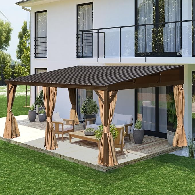 Domi 12x16FT Wall-Mounted Hardtop Gazebo, Aluminum Lean to Gazebo with Galvanized Steel Sloping Roof, Curtains & Netting for Outdoor Patio, Deck, Backyard, Garden Parties