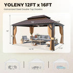 YOLENY 12' x 16' Gazebo Hardtop with Aluminum Frame,Galvanized Steel Double Roof Gazebos with Curtain and Netting,Outdoor Metal Pergolas for Garden, Lawn, Deck, Brown