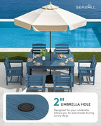 SERWALL Patio Dining Set for 6, Outdoor Dining Sets for 6 Person with 1 Umbrella Hole Cut-Out Rectangular Table and 6 Chairs, HDPE Dining Sets for Garden, Backyard, Poolside, Blue