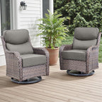 Rilyson Outdoor Patio Swivel Rocker Chairs Set of 2, Waterproof Wicker, High Back, Deep Seating, Wide Armrest, Upgraded 6 inch Thick Cushions, Ideal for Deck Porch Backyard, Brown/Grey