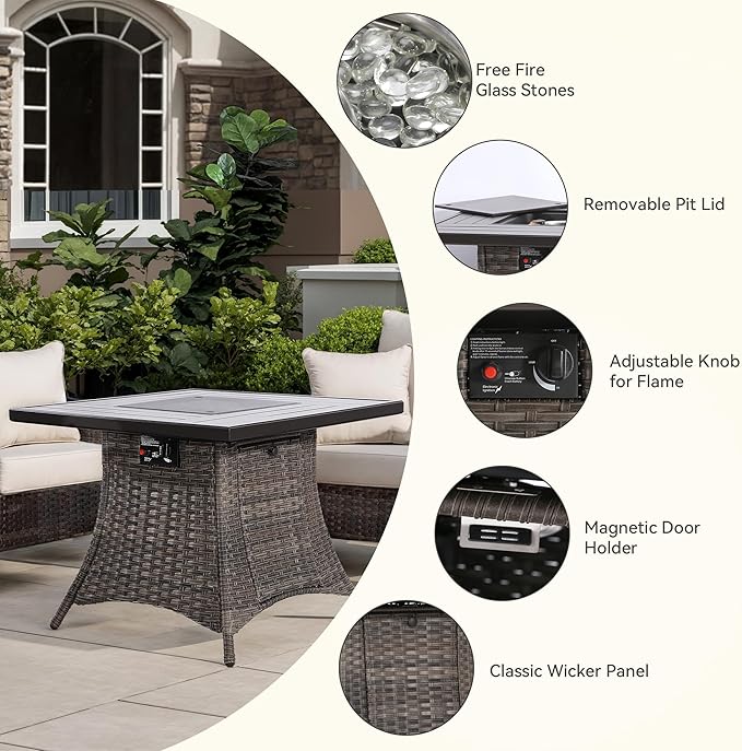5-Piece Patio Wicker Conversation Set with Fire Pit, Furniture Set Includes 2 Swivel Rocker Chair and 2 Armchair, Cushion Beige