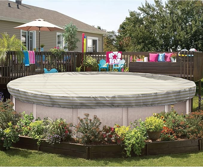 ECOOPTS 8 ft Round Pool Cover for Above Ground Pools, Swimming Pool Cover Protector Winter Safety Cover (Beige White Stripes)