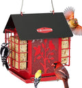 Kingsyard Metal Bird Feeder for Outdoor Hanging, Wild Bird Feeder with Double Suet Cage, Weatherproof Roof and 3 lbs Large Seed Capacity, Red