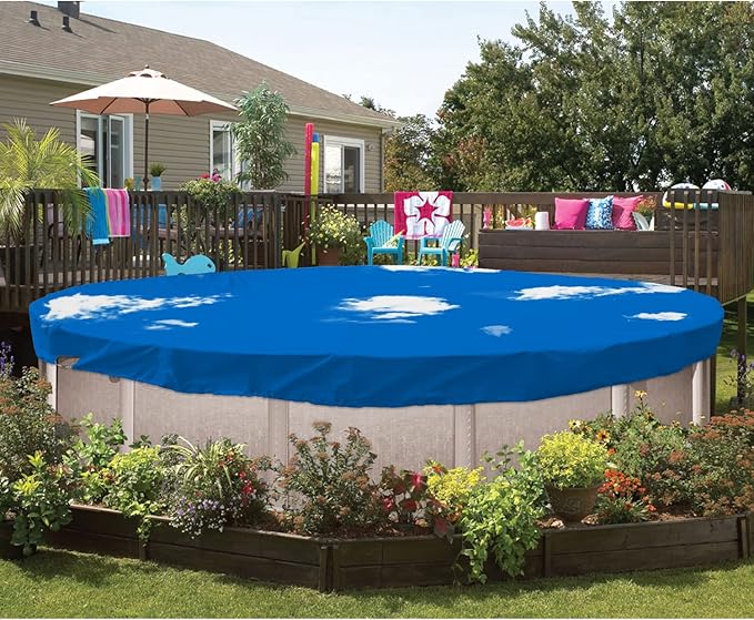 ECOOPTS 12 ft Waterproof Round Polyester Pool Cover for Above Ground Pools, Swimming Pool Cover Protector Winter Safety Cover (Blue Sky)