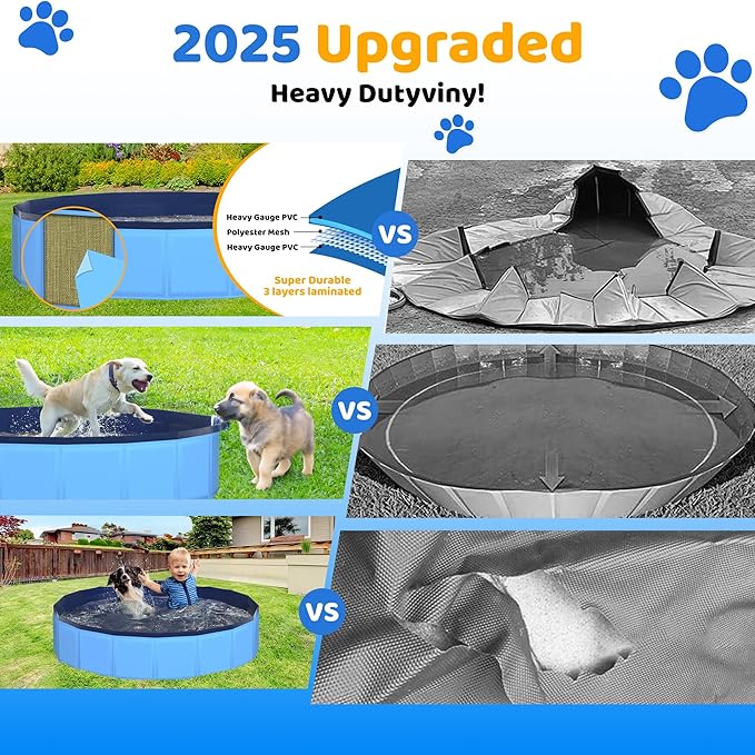 97" x 12" Foldable Dog Pool - Collapsible Hard Plastic Kiddie Pool for Dogs & Kids, Non-Slip Pet Bath Tub for Outdoor Backyard Use, Lightweight & Portable (Blue)