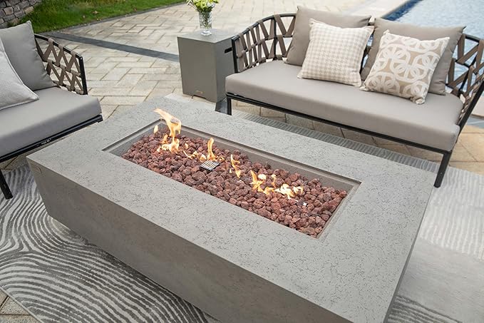 AMS Creations | Madison 60" Rectangular Propane Gas Outdoor Fire Pit Table | Light Gray Concrete GFRC | Limestone Texture or Surface | Electronic Ignition | Outside Backyard Fireplace