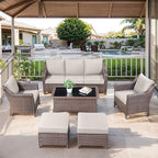 6 Pieces Outdoor Patio Furniture-High Back Rattan Wicker Couch with Outdoor Chairs Patio Conversation Sets for Porch Garden Backyard Poolside-Brown/Beige