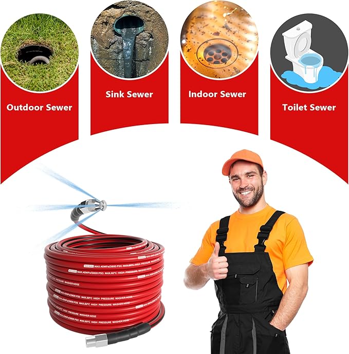 NaiNai 150FT Sewer Jetter Kit for Pressure Washer,1/4 Inch NPT Sewer Jetting Hose,Pressure Washer Drain Cleaner Hose 5800PSI with Sewer Jetter Nozzles, Gloves, Waterproof Tape, Apron (150FT)