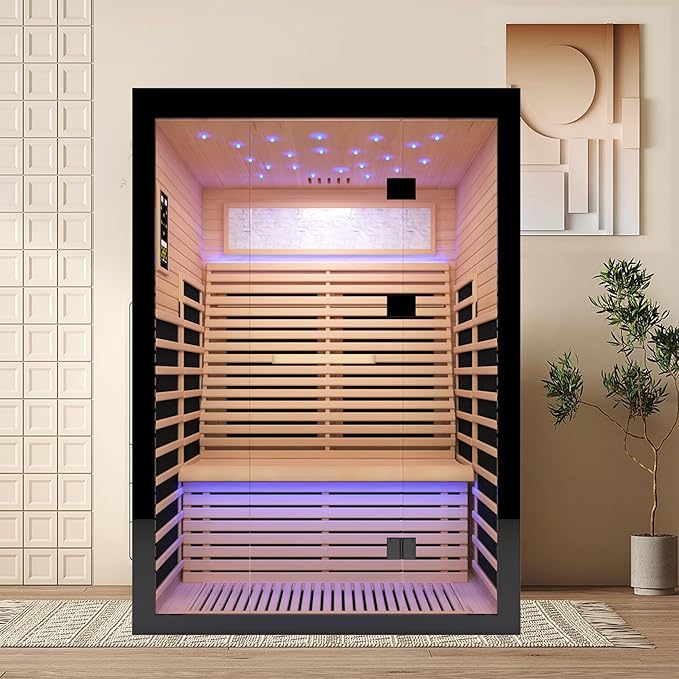Home Sauna Far Infrared Sauna Dry Sauna for 2 Person,7-Colors LED Light Indoor Sauna Room with Low EMF 2160W,10 Minutes Pre-Warm up,Canadian Hemlock Wood