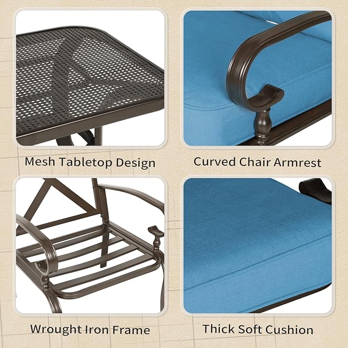 5Pcs Outdoor Furniture Patio Conversation Sets Loveseat, 2 Motion Spring Chairs with Coffee Table, Metal Frame Chair Set (Peacock Blue)