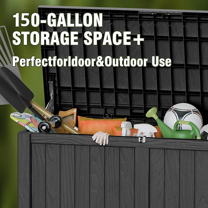 150GAL Black Large - Capacity Outdoor Deck Box with Lockable Compartment – Waterproof, SGS - Shielded UV Resistance, Ideal for Storing Large Patio Furniture Sets & Seasonal Decor