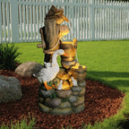 4-Tiers Cascading Outdoor Water Fountain, 31.9'' Tall Duck & Wooden Bucket Stump Waterfall Garden Fountains with LED Lights & Pump Water Feature Resin for Patio, Deck, Yard, Home Decor