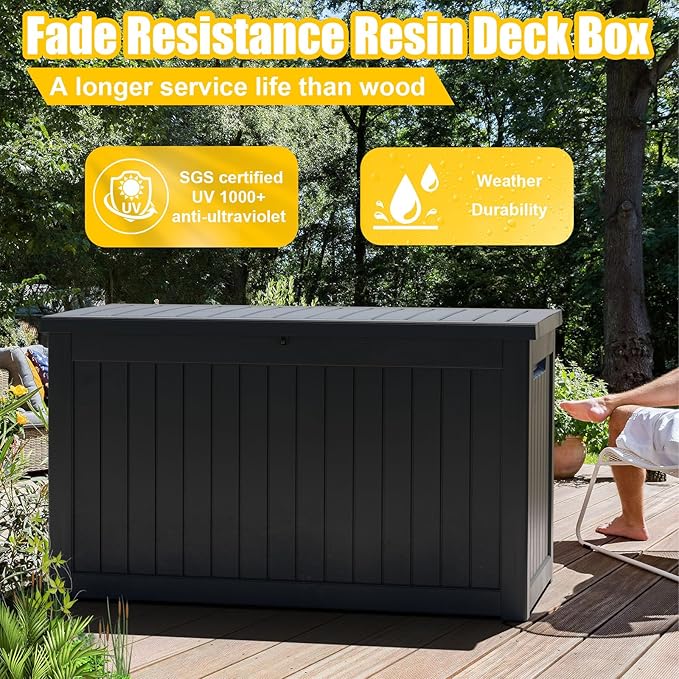 ROJIK Outdoor Storage Housing Deck Box - Waterproof Patio Furniture, Garden Tools, Cushions, Pool Accessories Storage Bench with Lockable Lid and Side Handles (Black 238 Gal)