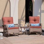 UDPATIO 3 Piece Patio Furniture Set, Wicker Rocking Bistro Set with 2 Rockers, 1 Side Table and 4‘’ Thick Cushions for Backyard, Porch, Balcony, Poolside, Brown/Dark Red