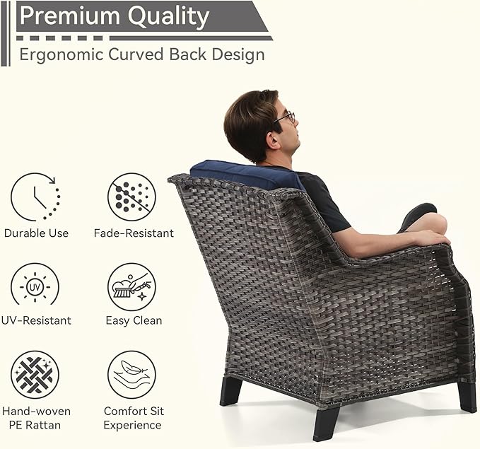 5 Piece Patio Furniture Wicker Conversation Set, 2 Chairs, 2 Ottomans with 1 Side Table, for Outdoors, Backyard, Deck, Navy