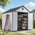 Seizeen 8x8 FT Outdoor Storage Shed, All-Weather Resin Plastic Shed with Floor, Window, Lockable Doors & Vents, Patio Garden Tool Shed for Storing Lawn Mower, Bike, Outdoor Furniture (Light Gray)