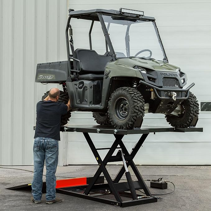 Black Widow Air Over Hydraulic UTV ATV Lift Table 2,500 lb. Maximum Capacity 64" Wide with Side Extensions