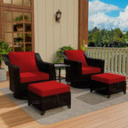 Vista Vibe 5 Pieces Outdoor Rattan Patio Conversation Furniture Set - 360 Degree Swivel Glider Rocker Chairs | Coffee Table | 2 Wicker Ottomans, Premium & Washable Cushions, Terrace (Brown/Red)
