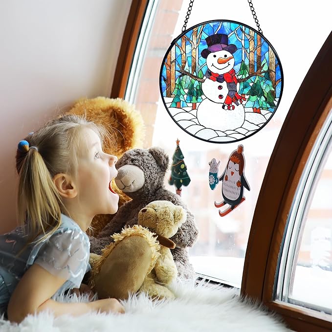 TNUW Snowman Christmas Stained Glass Window Hanging, Rustic Winter Xmas Snowman Sun Catchers Indoor Window Glass Round Wall Art Decor, Christmas Sculptures, Statues, Suncatchers, 7.9＂x7.9＂