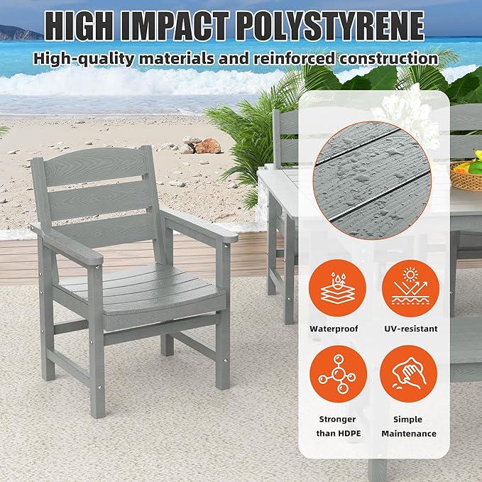 6-Piece HIPS Patio Dining Set, Outdoor Dining Table and Chairs Set with Umbrella Hole, Weatherproof Dining Table Set for 6 Person, Patio Furniture Set for Outside Deck, Grey