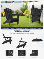 KINGYES Folding Adirondack Chair, HDPE All-Weather Patio Chairs with Cup Holder, Wooden Textured Fire Pit Chairs for Poolside, Backyard, Deck, Black