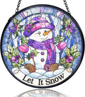 kdqua Christmas Snowman Suncatcher Stained Glass Window Hanging, Let It Snow Winter Snowman Sun Catchers Indoor Window Glass Round Wall Decor, Christmas Wall Art Hanging Decorations Statues, 7.9x7.9in